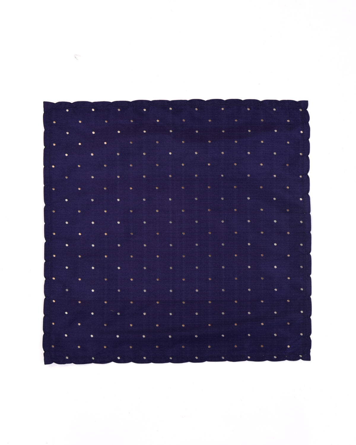 Navy Blue Gold & Silver Zari Polka Dots Brocade Handwoven Silk Pocket Square for Men with Scallop Hand-Hemming-HolyWeaves