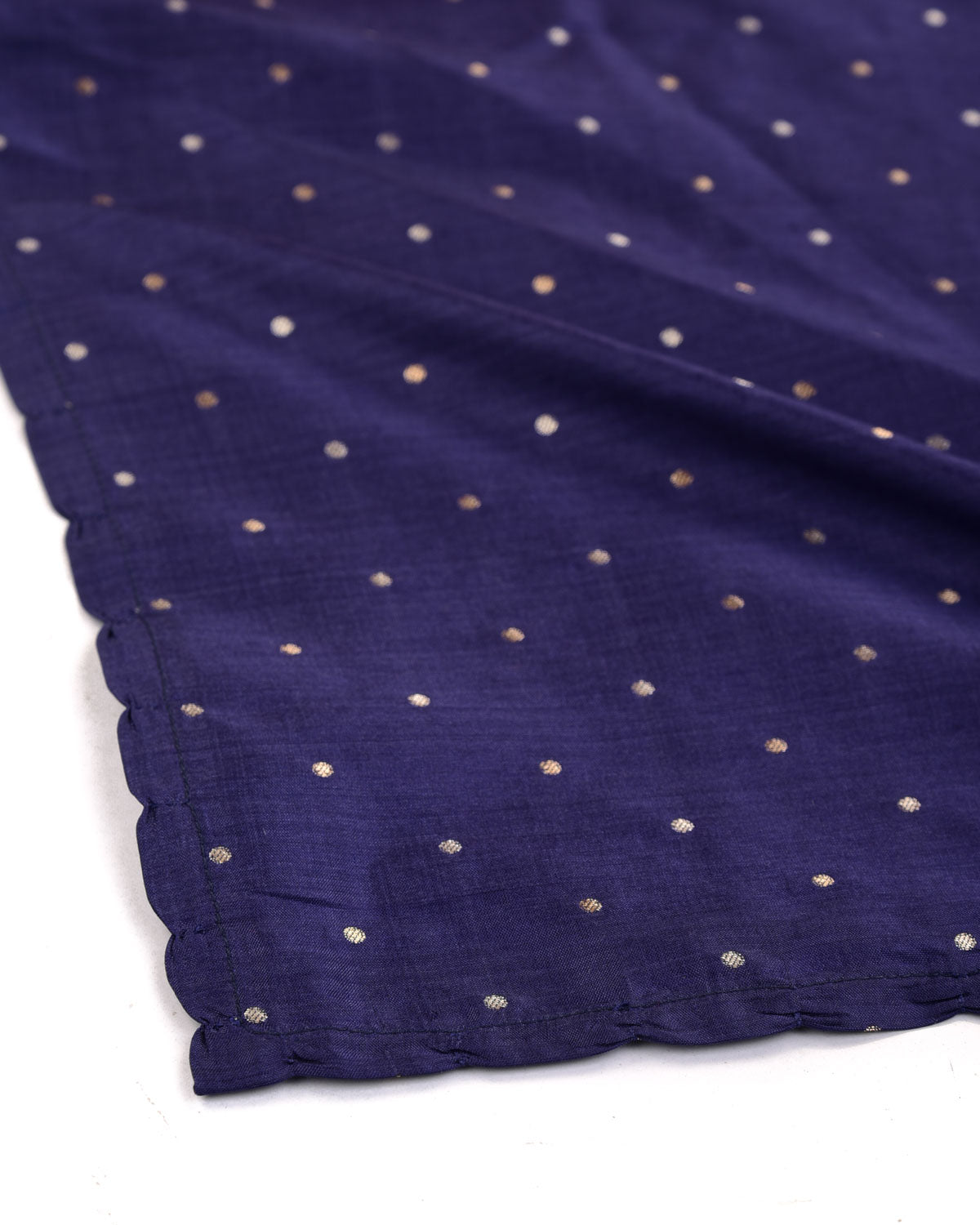 Navy Blue Gold & Silver Zari Polka Dots Brocade Handwoven Silk Pocket Square for Men with Scallop Hand-Hemming-HolyWeaves