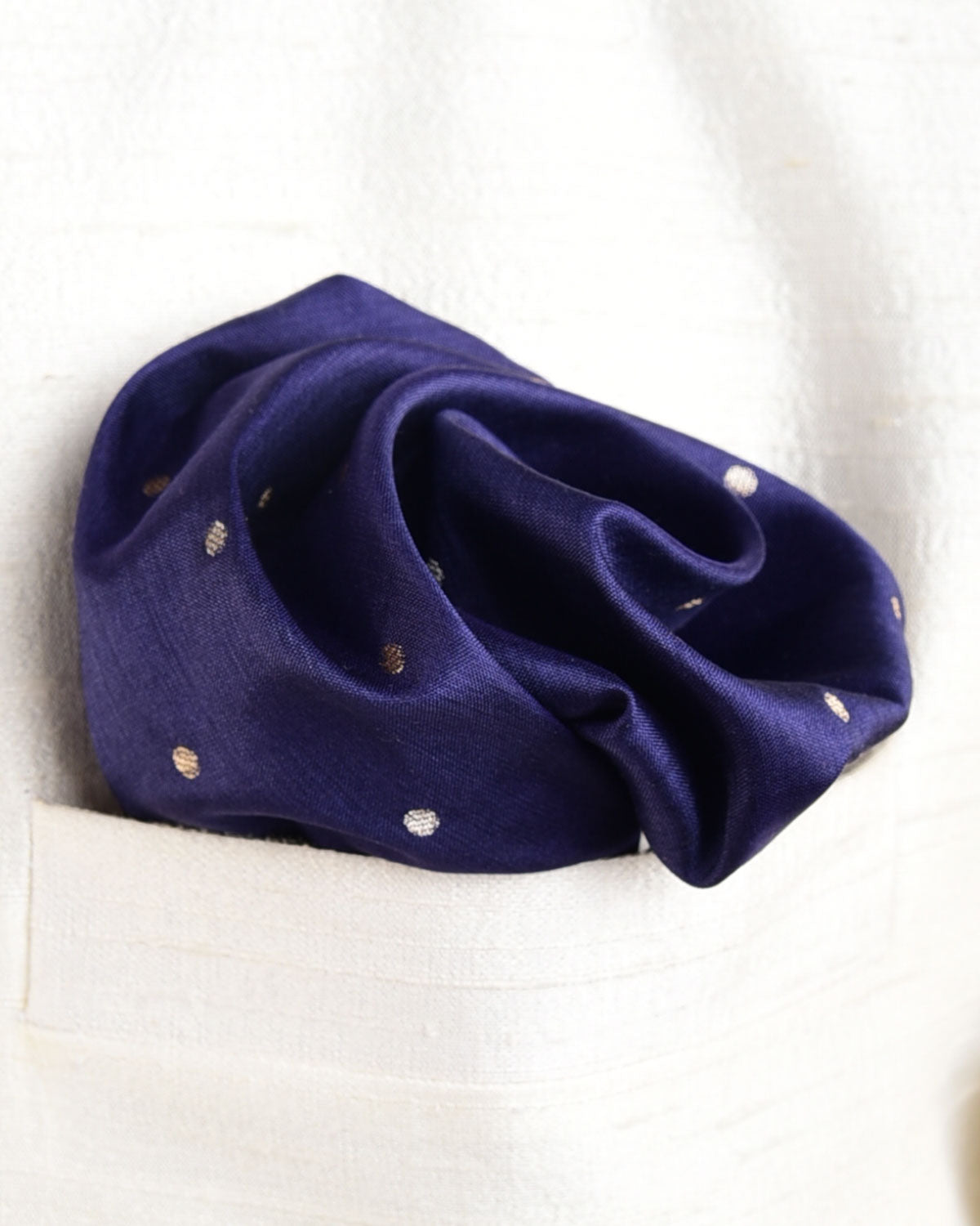 Navy Blue Gold & Silver Zari Polka Dots Brocade Handwoven Silk Pocket Square for Men with Scallop Hand-Hemming-HolyWeaves