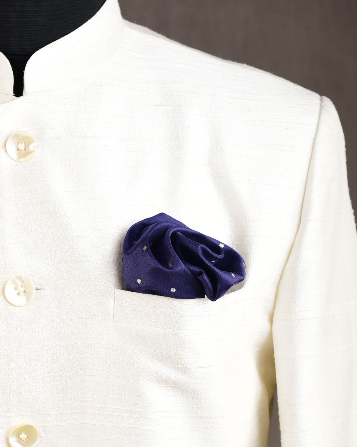 Navy Blue Gold & Silver Zari Polka Dots Brocade Handwoven Silk Pocket Square for Men with Scallop Hand-Hemming-HolyWeaves