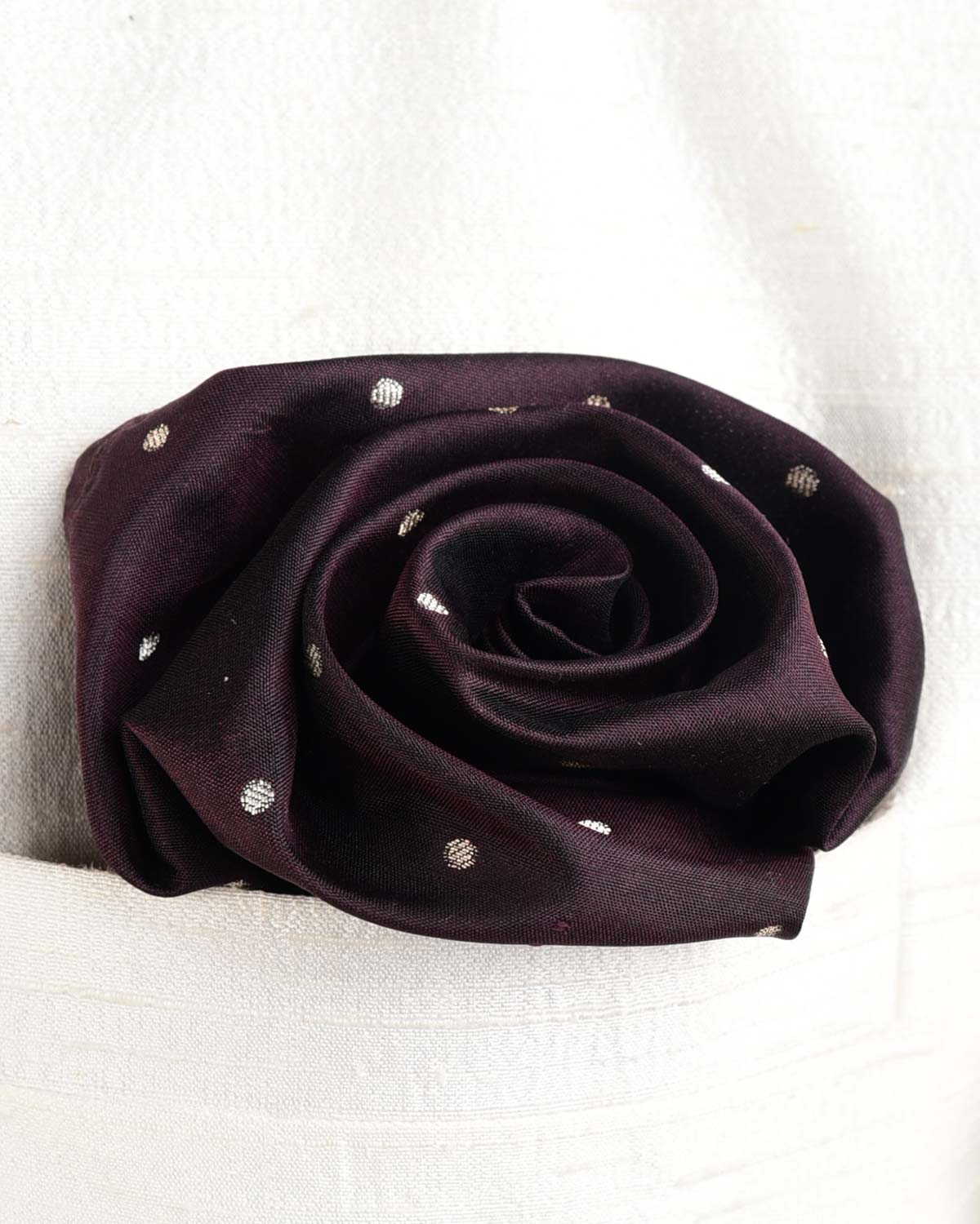 Chocolate Brown Zari Polka Dots Brocade Handwoven Silk Pocket Square for Men with Scallop Hand-Hemming-HolyWeaves