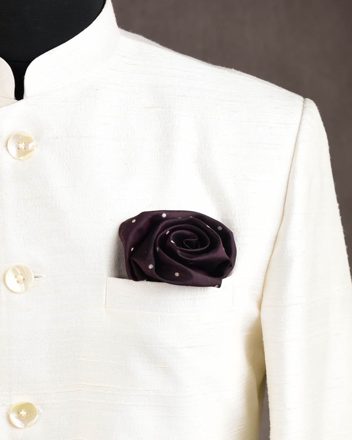 Chocolate Brown Zari Polka Dots Brocade Handwoven Silk Pocket Square for Men with Scallop Hand-Hemming-HolyWeaves