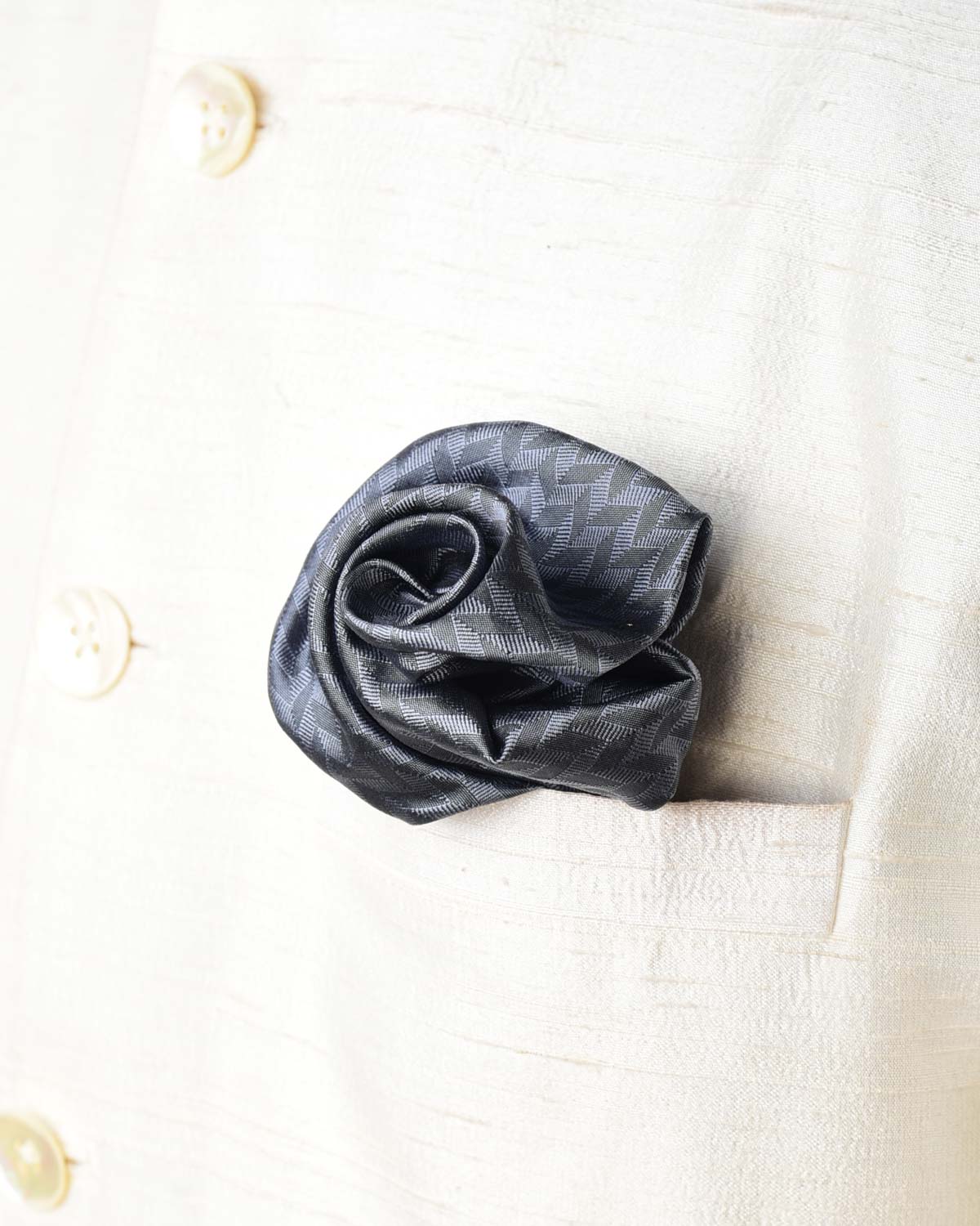 Gray Herring Bone Tanchoi Handwoven Silk Pocket Square for Men with Spiral Hand-Hemming-HolyWeaves