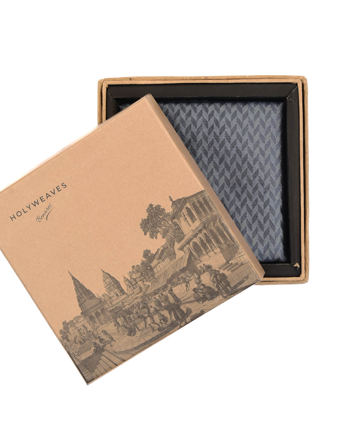 Gray Herring Bone Tanchoi Handwoven Silk Pocket Square for Men with Spiral Hand-Hemming-HolyWeaves