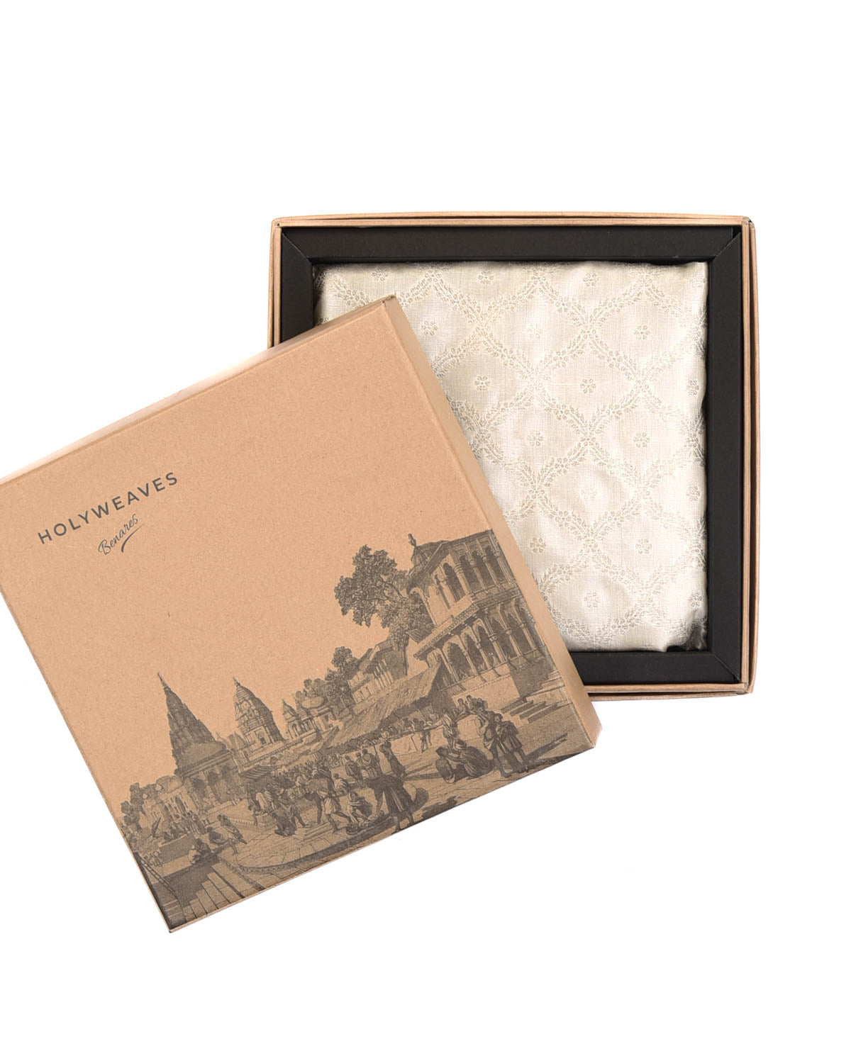 White Moroccon Grids Tanchoi Handwoven Silk Pocket Square for Men with Spiral Hand-Hemming-HolyWeaves