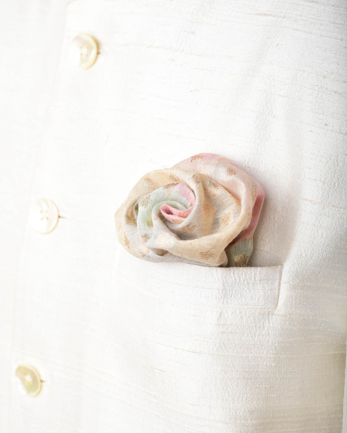 Multi-color Stipes Gold & Silver Brocade Handwoven Cotton Silk Pocket Square for Men with Spiral Hand-Hemming-HolyWeaves