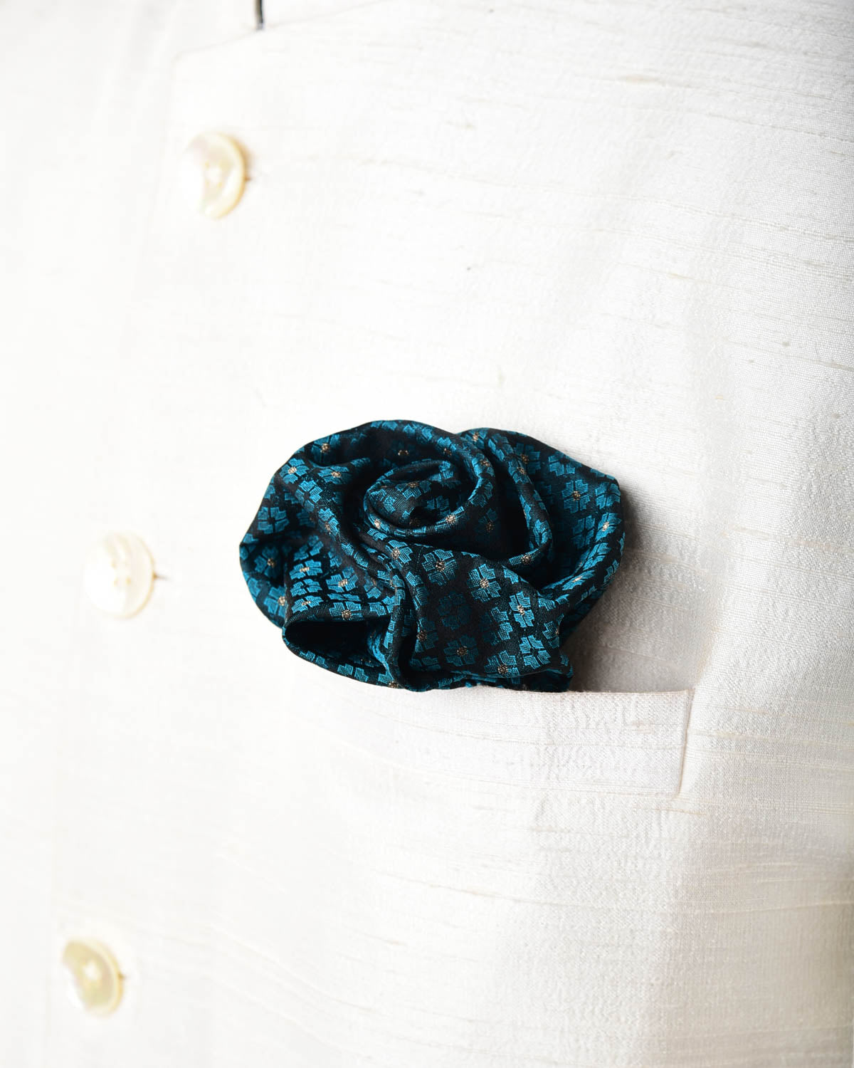 Green On Black Gold Zari Tanchoi Brocade Handwoven Silk Pocket Square for Men with Spiral Hand-Hemming-HolyWeaves