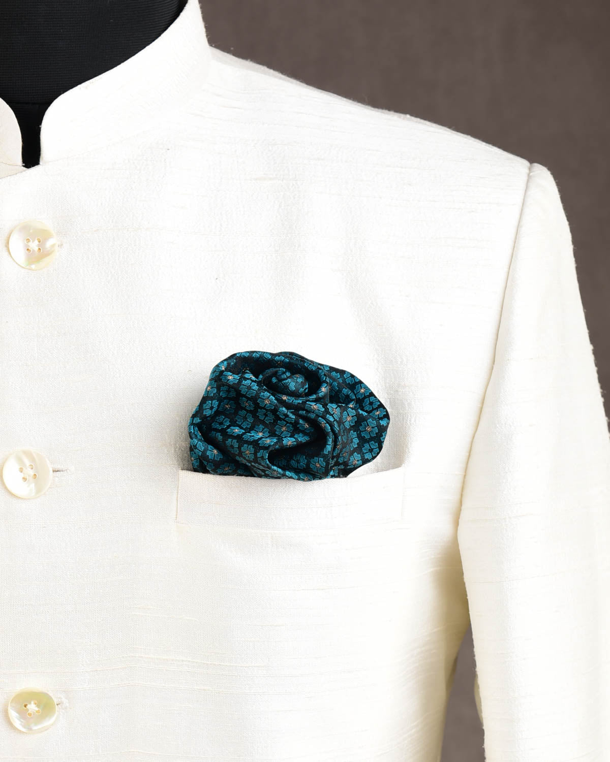 Green On Black Gold Zari Tanchoi Brocade Handwoven Silk Pocket Square for Men with Spiral Hand-Hemming-HolyWeaves