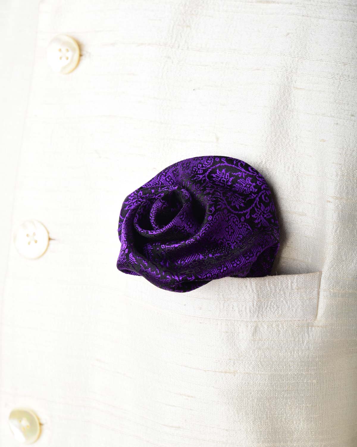 Purple Damask Tanchoi Brocade Handwoven Silk Pocket Square for Men with Scallop Hand-Hemming-HolyWeaves