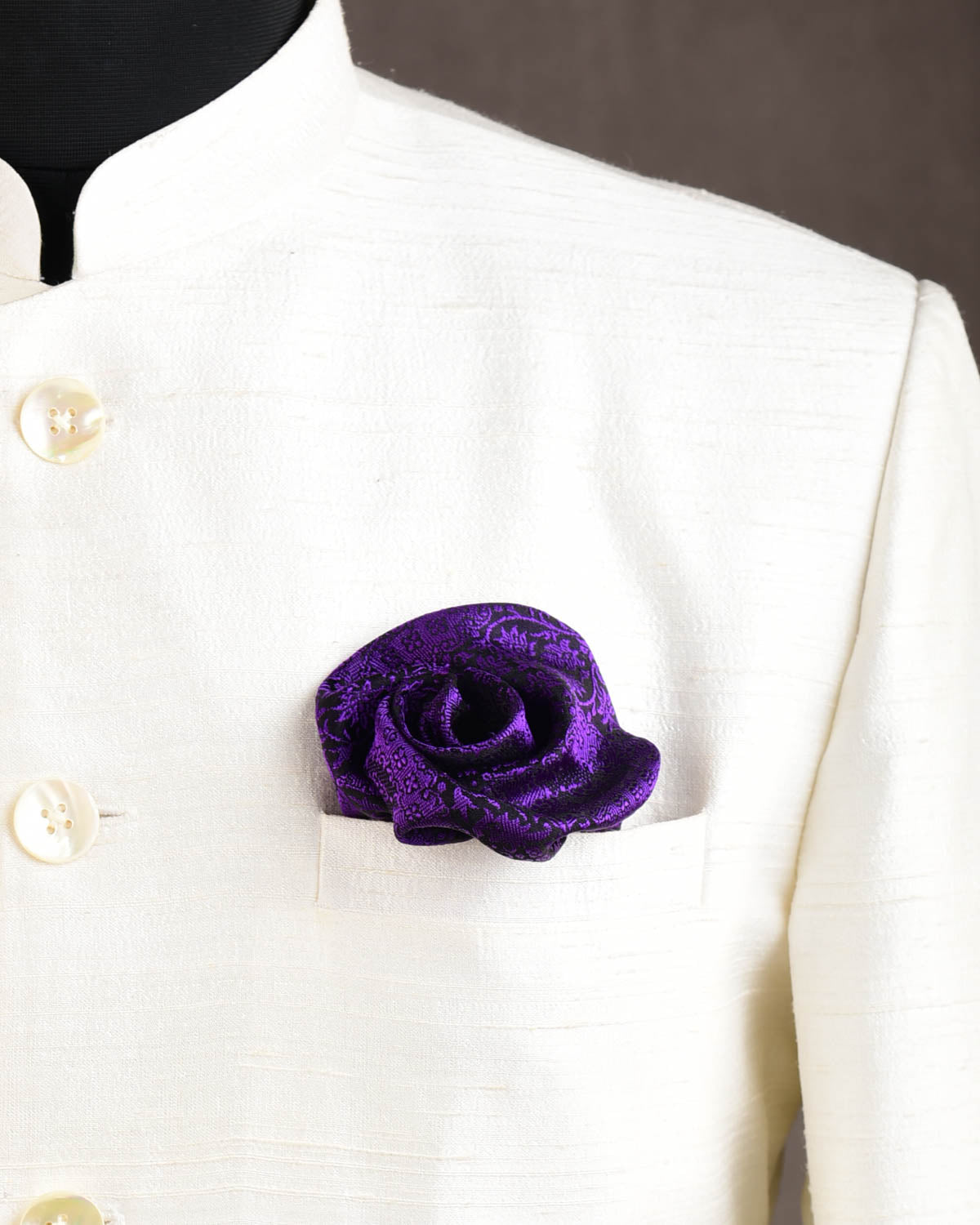 Purple Damask Tanchoi Brocade Handwoven Silk Pocket Square for Men with Scallop Hand-Hemming-HolyWeaves