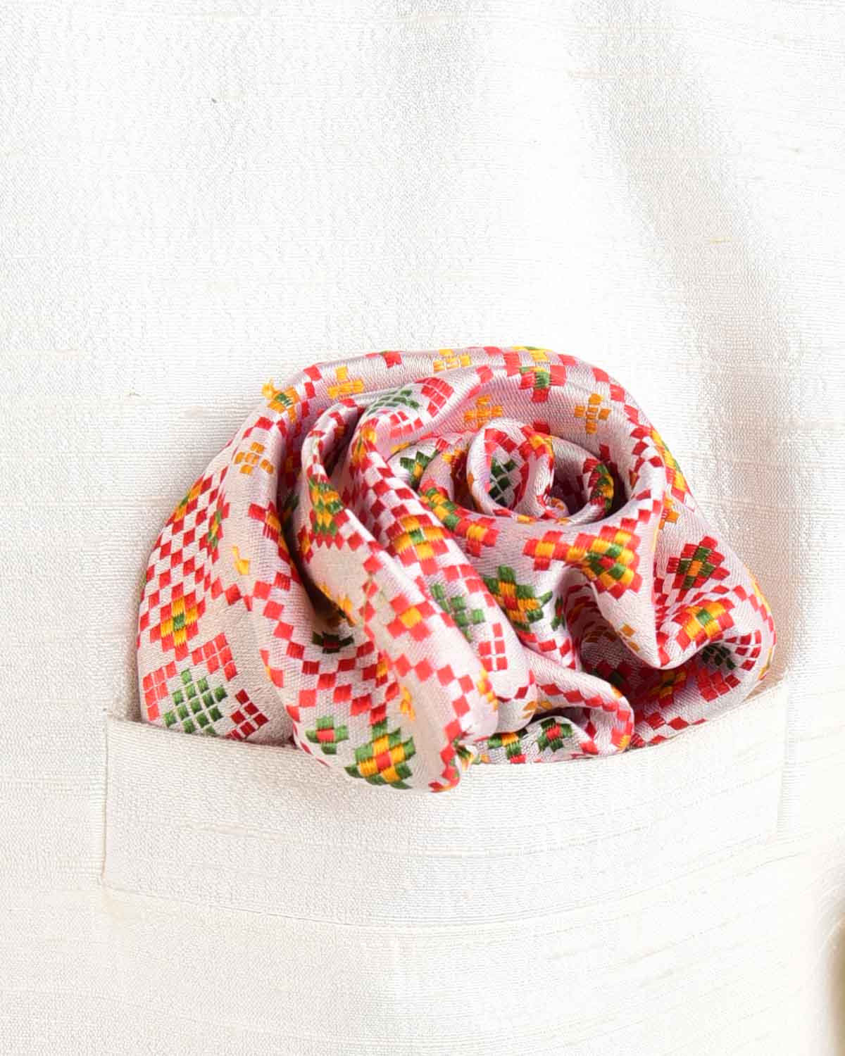 Multi-color Beige Traditional Satin Tanchoi Handwoven Silk Pocket Square for Men with Spiral Hand-Hemming-HolyWeaves