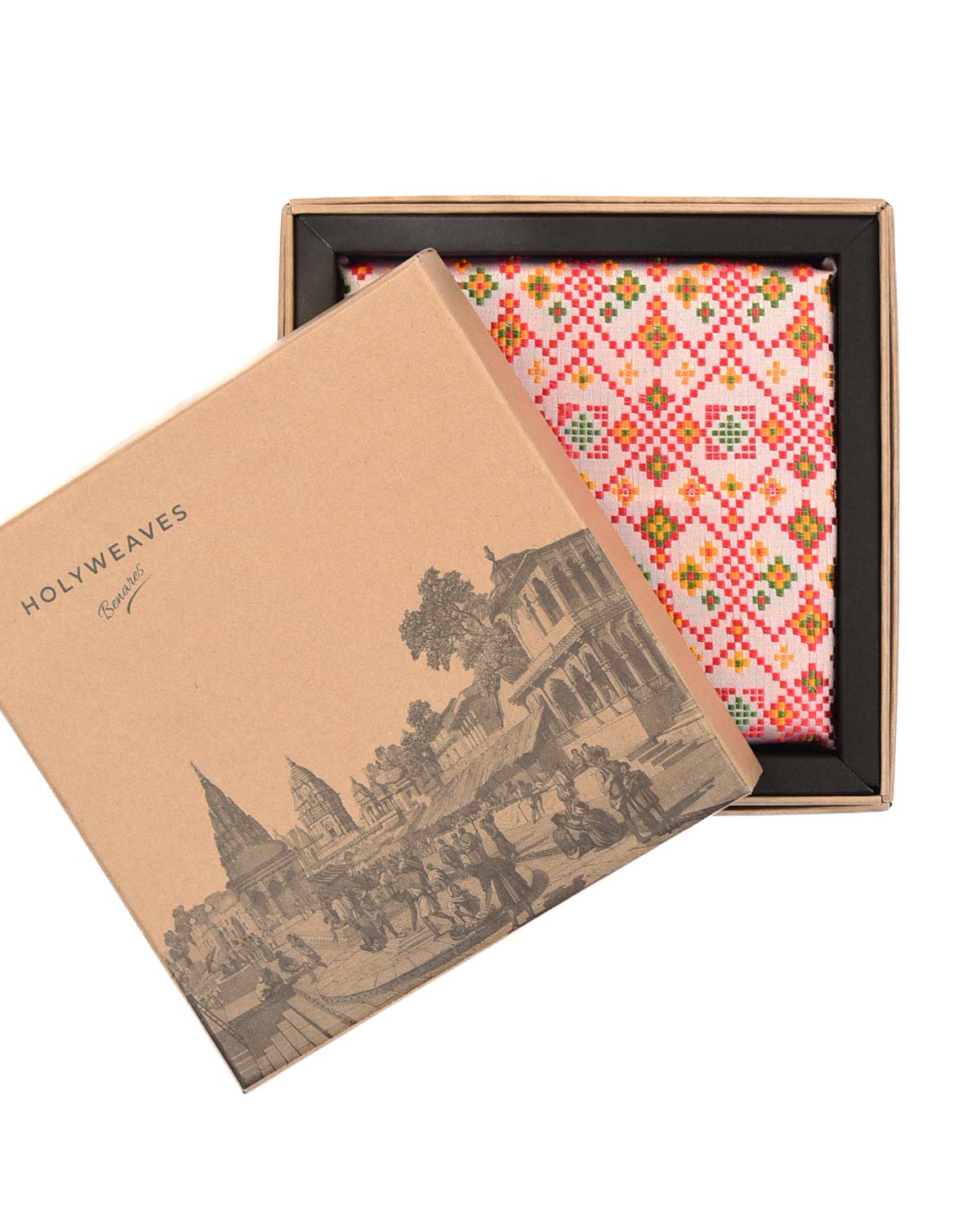 Multi-color Beige Traditional Satin Tanchoi Handwoven Silk Pocket Square for Men with Spiral Hand-Hemming-HolyWeaves