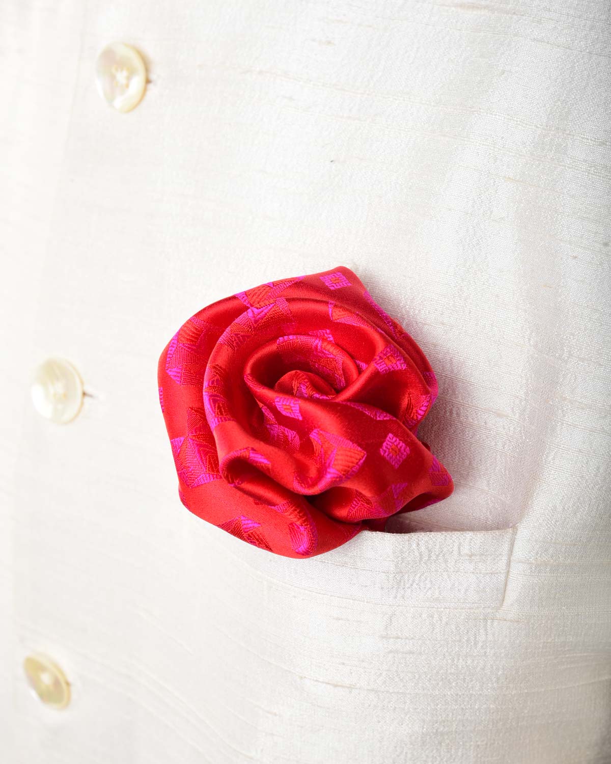 Red-Pink Diamond Hearts Satin Tanchoi Handwoven Silk Pocket Square for Men with Spiral Hand-Hemming-HolyWeaves