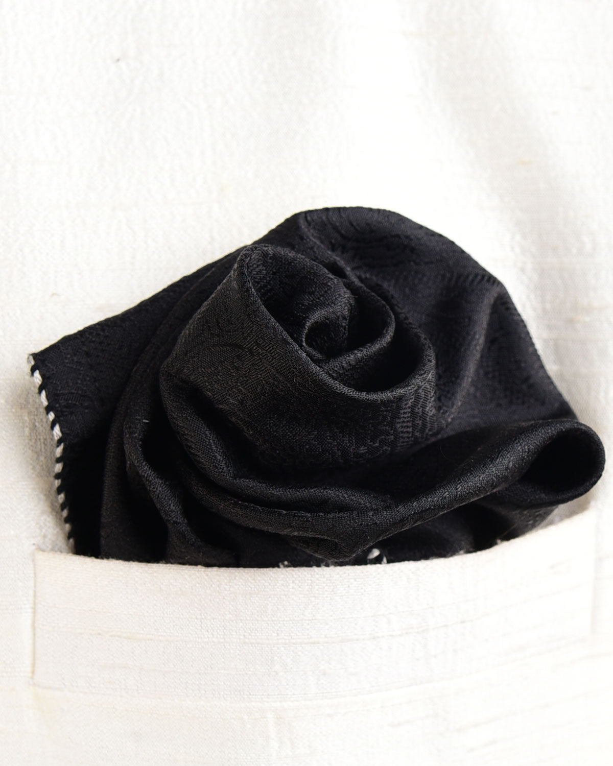 Black Paisleys Tanchoi Brocade Handwoven Silk Pocket Square for Men with Spiral Hand-Hemming-HolyWeaves