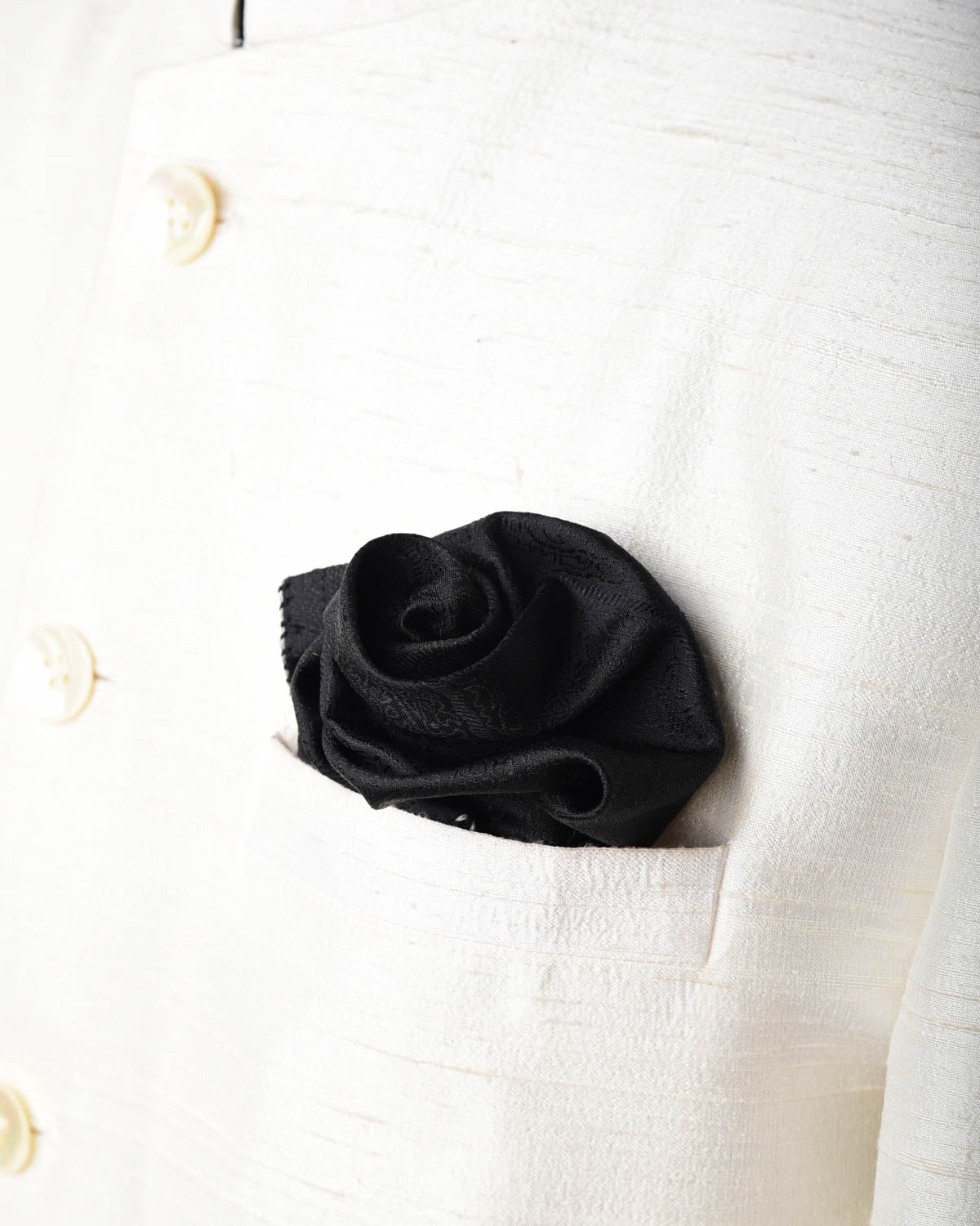 Black Paisleys Tanchoi Brocade Handwoven Silk Pocket Square for Men with Spiral Hand-Hemming-HolyWeaves