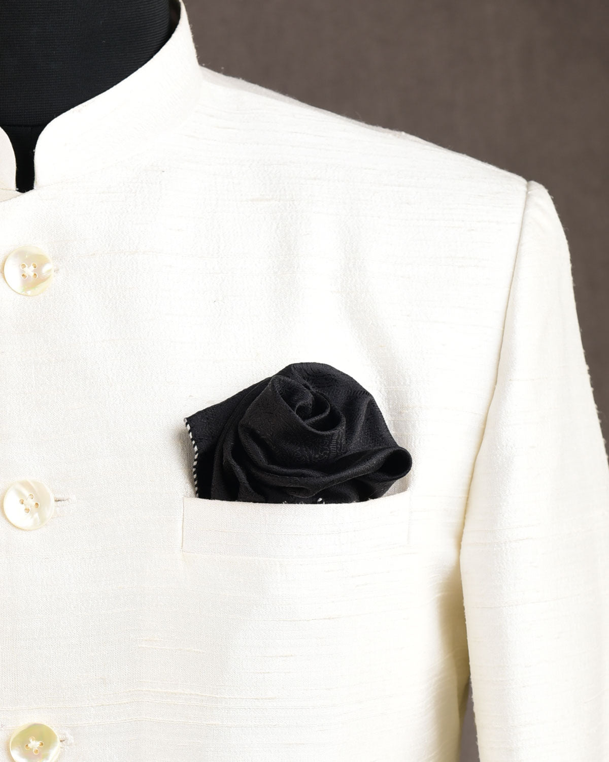 Black Paisleys Tanchoi Brocade Handwoven Silk Pocket Square for Men with Spiral Hand-Hemming-HolyWeaves