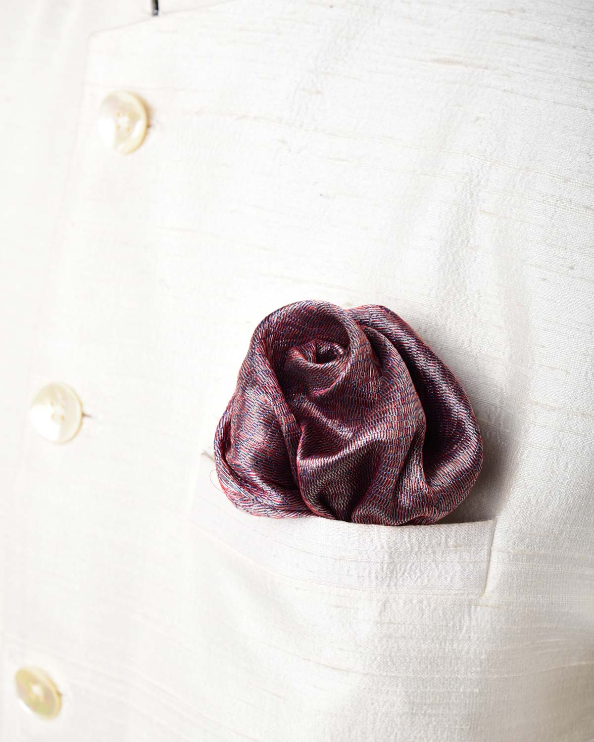 Metallic Garnet Zari Tiger Stripes Brocade Handwoven Silk Pocket Square for Men with Spiral Hand-Hemming-HolyWeaves