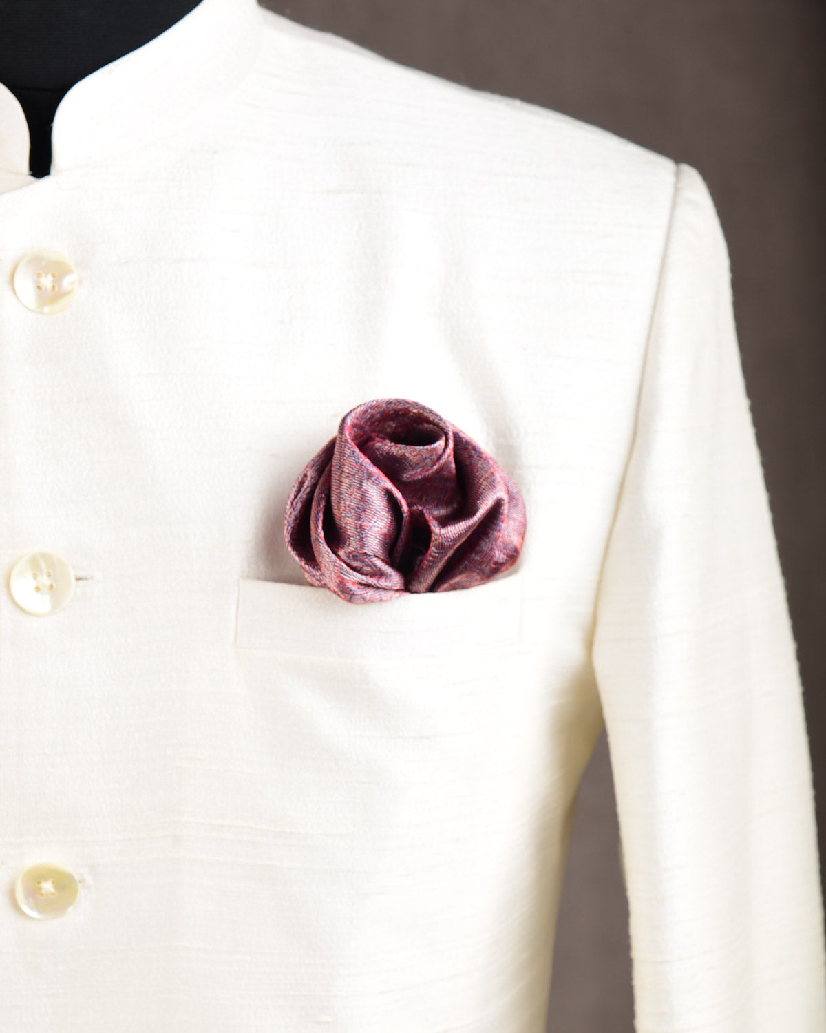 Metallic Garnet Zari Tiger Stripes Brocade Handwoven Silk Pocket Square for Men with Spiral Hand-Hemming-HolyWeaves