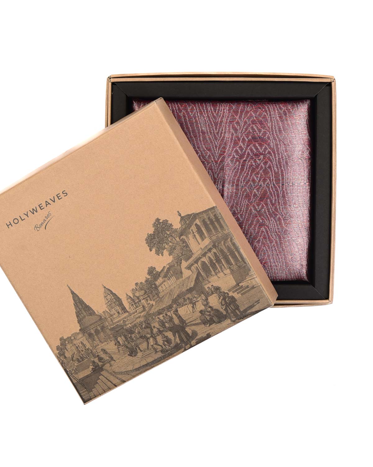 Metallic Garnet Zari Tiger Stripes Brocade Handwoven Silk Pocket Square for Men with Spiral Hand-Hemming-HolyWeaves