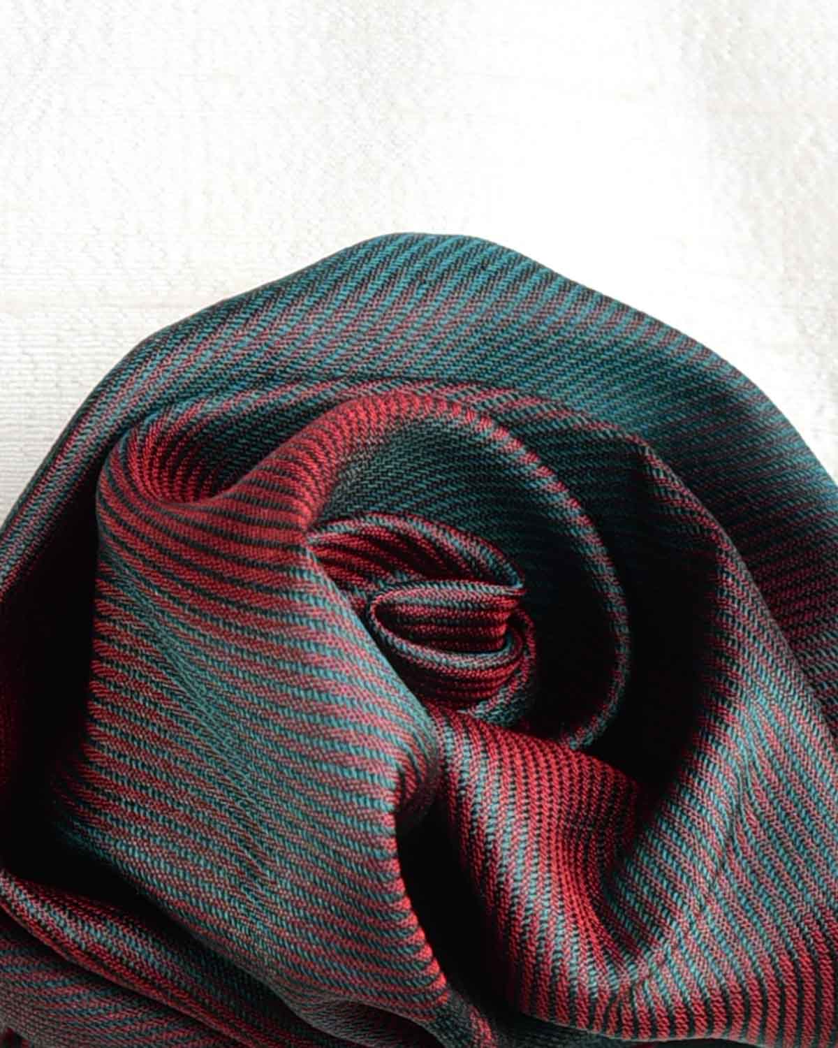Ombre Green-Red Drill Tanchoi Brocade Handwoven Silk Pocket Square for Men with Spiral Hand-Hemming-HolyWeaves