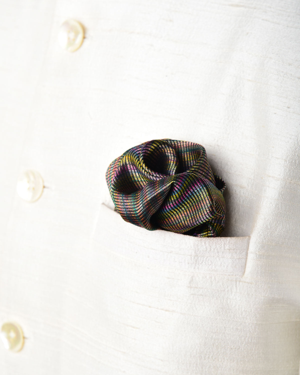 Varigated Multi-color Zari Stripes Tanchoi Brocade Handwoven Silk Pocket Square for Men with Spiral Hand-Hemming-HolyWeaves