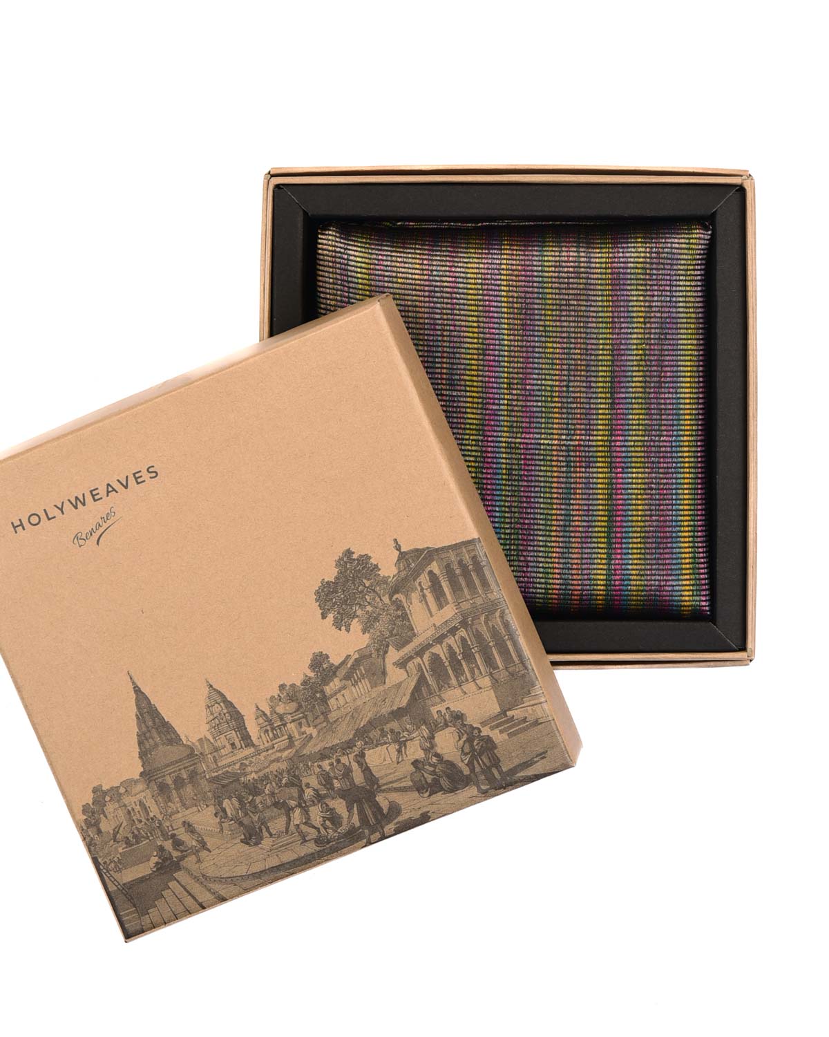 Varigated Multi-color Zari Stripes Tanchoi Brocade Handwoven Silk Pocket Square for Men with Spiral Hand-Hemming-HolyWeaves