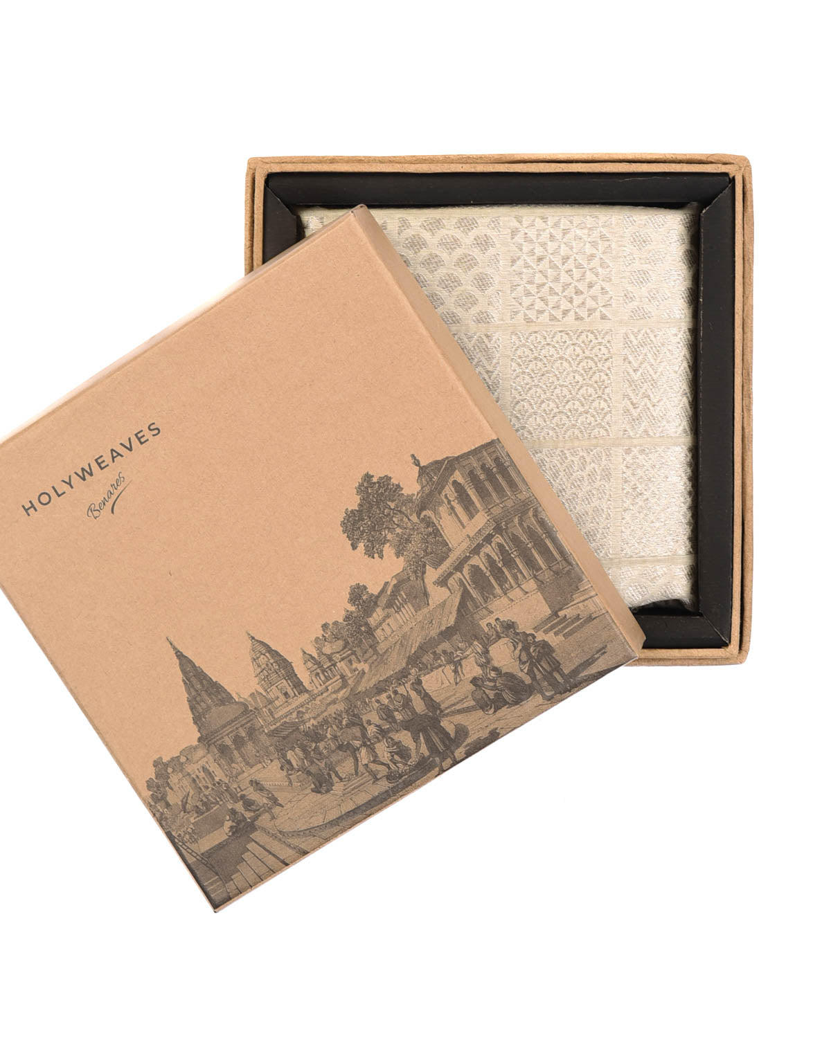 Ivory White Silver Zari Brocade Handwoven Cotton Silk Pocket Square for Men with Spiral Hand-Hemming-HolyWeaves