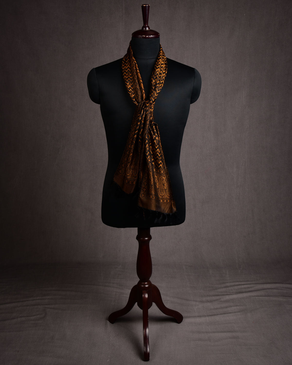Black Jamawar Handwoven Katan Silk Scarf 72"x10"-HolyWeaves