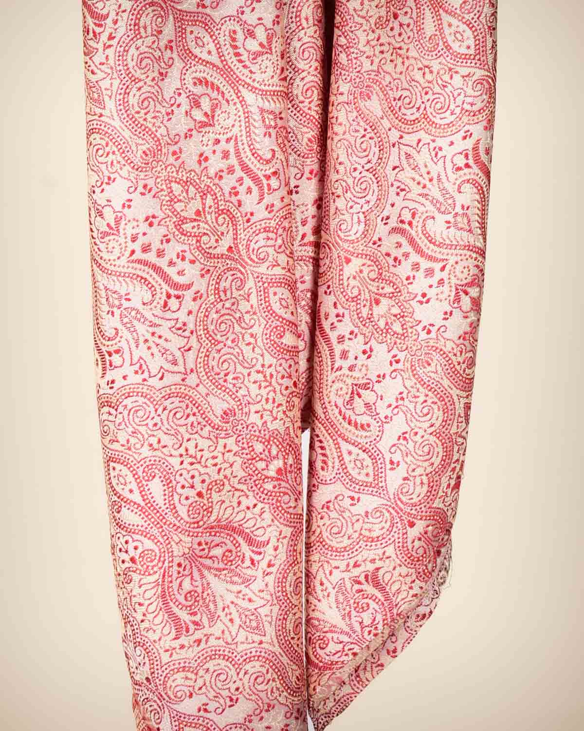 Red On White Banarasi Jamawar Handwoven Silk Scarf 38"x38" - By HolyWeaves, Benares