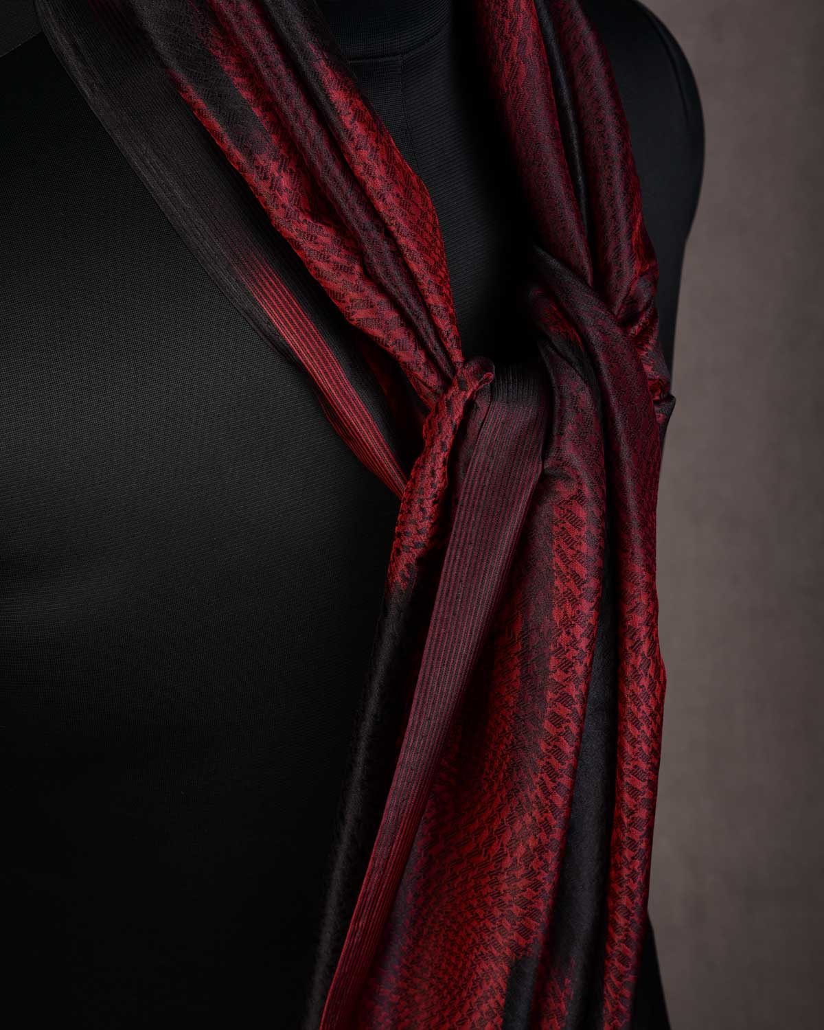 Ombre Maroon Houndstooth Cyclone Tanchoi Handwoven Silk Unisex Scarf 80"x22"-HolyWeaves