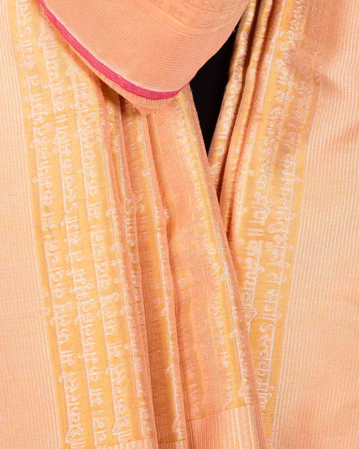 Peach Banarasi Geeta Shlok 2.47 Resham Brocade Handwoven Silk Scarf 75"x21" - By HolyWeaves, Benares