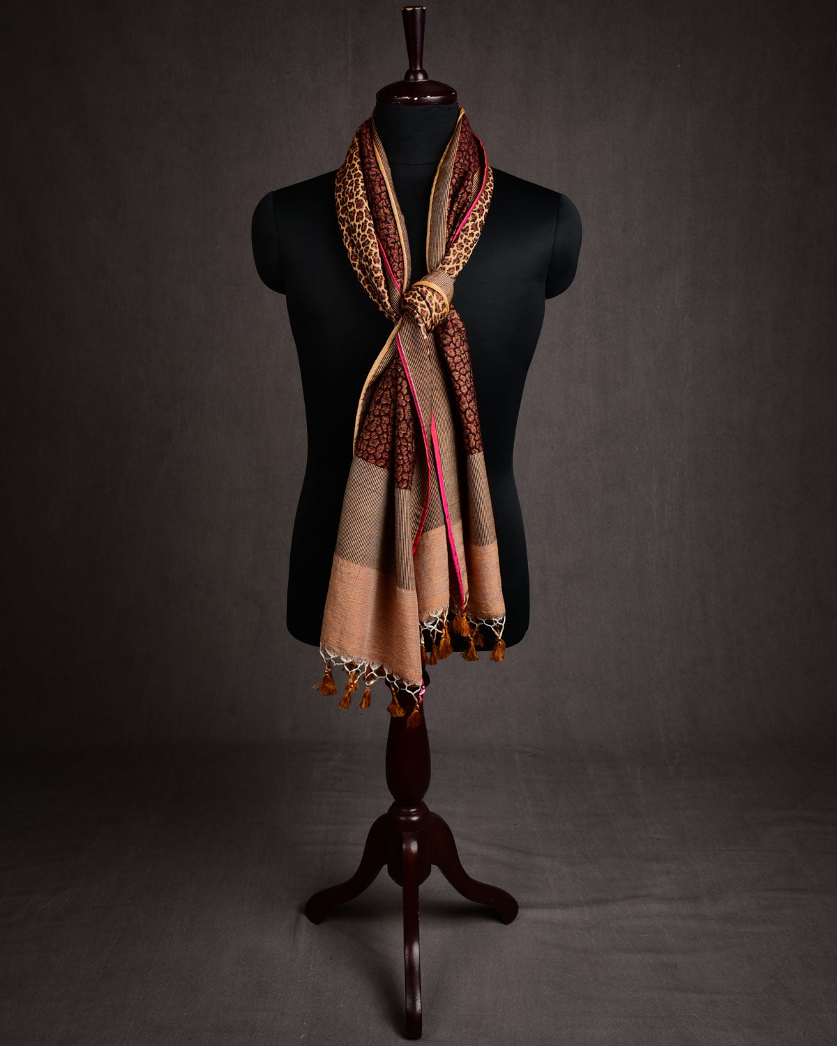 Mustard Yellow Banarasi Leopard Stripes Brocade Handwoven Unisex Silk Wool Scarf 75"x21"