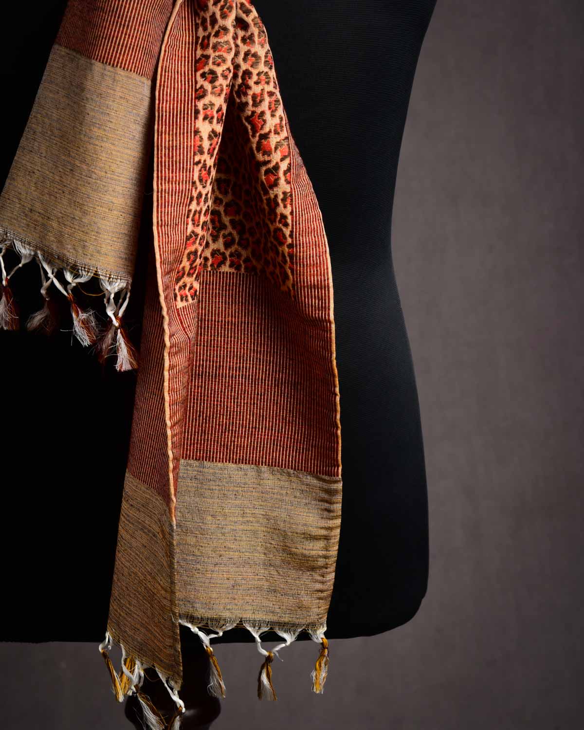 Mustard Yellow Banarasi Leopard Stripes Brocade Handwoven Unisex Silk-Wool Scarf 78"x10"-HolyWeaves