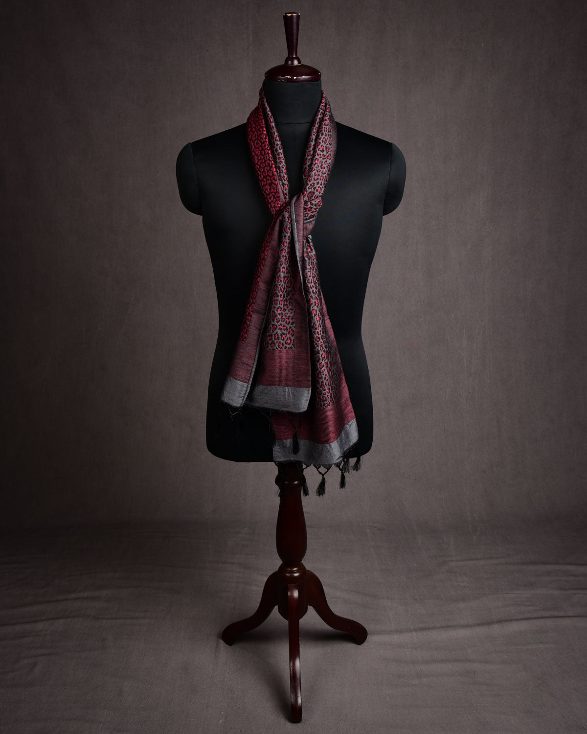 Gray Banarasi Leopard Stripes Brocade Handwoven Unisex Silk Wool Scarf 78"x10"