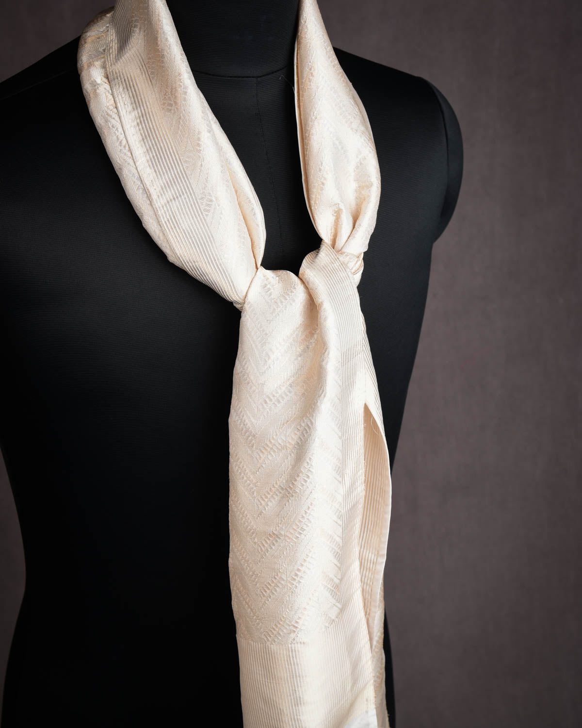 White Banarasi Gold & Silver Zari Zig Zag Alfi Brocade Handwoven Unisex Silk Scarf 78"x10"-HolyWeaves