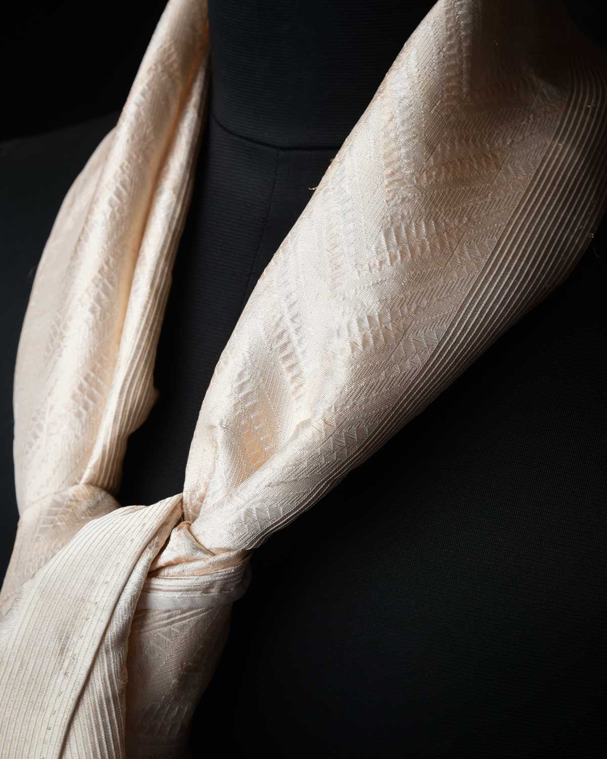 White Banarasi Gold & Silver Zari Zig Zag Alfi Brocade Handwoven Unisex Silk Scarf 78"x10"-HolyWeaves