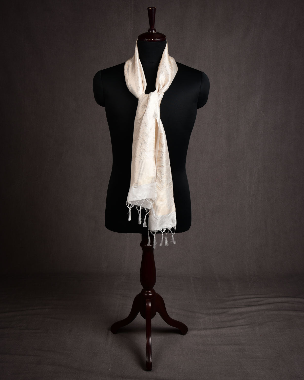 White Banarasi Gold & Silver Zari Zig Zag Alfi Brocade Handwoven Unisex Silk Scarf 78"x10"-HolyWeaves