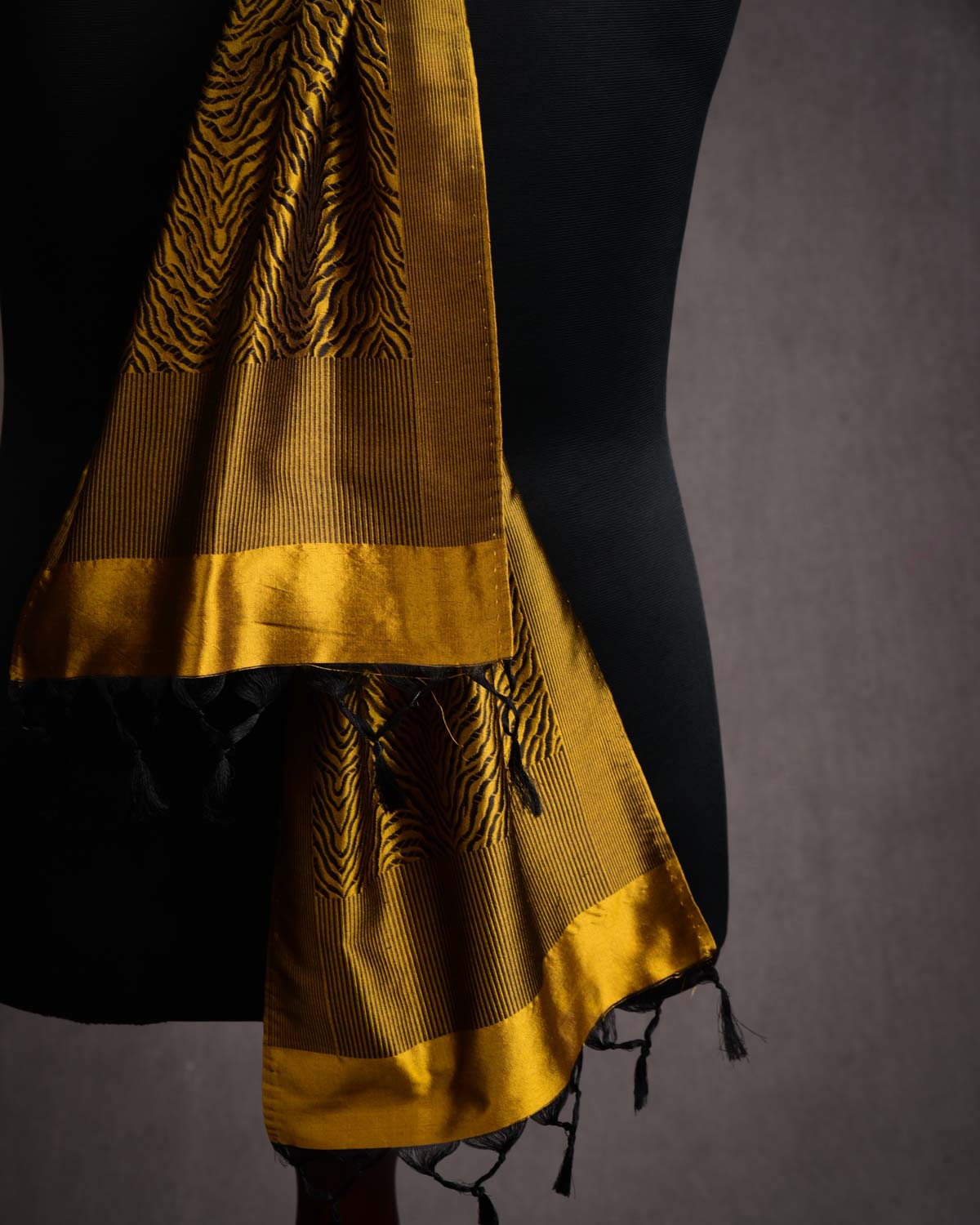 Mustard Banarasi Tiger Stripes Handwoven Unisex Silk Scarf 72"x11"-HolyWeaves