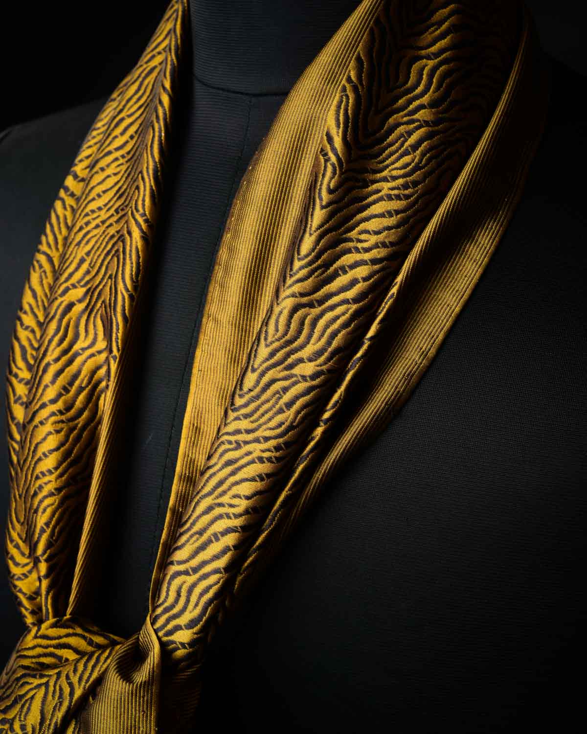 Mustard Banarasi Tiger Stripes Handwoven Unisex Silk Scarf 72"x11"-HolyWeaves