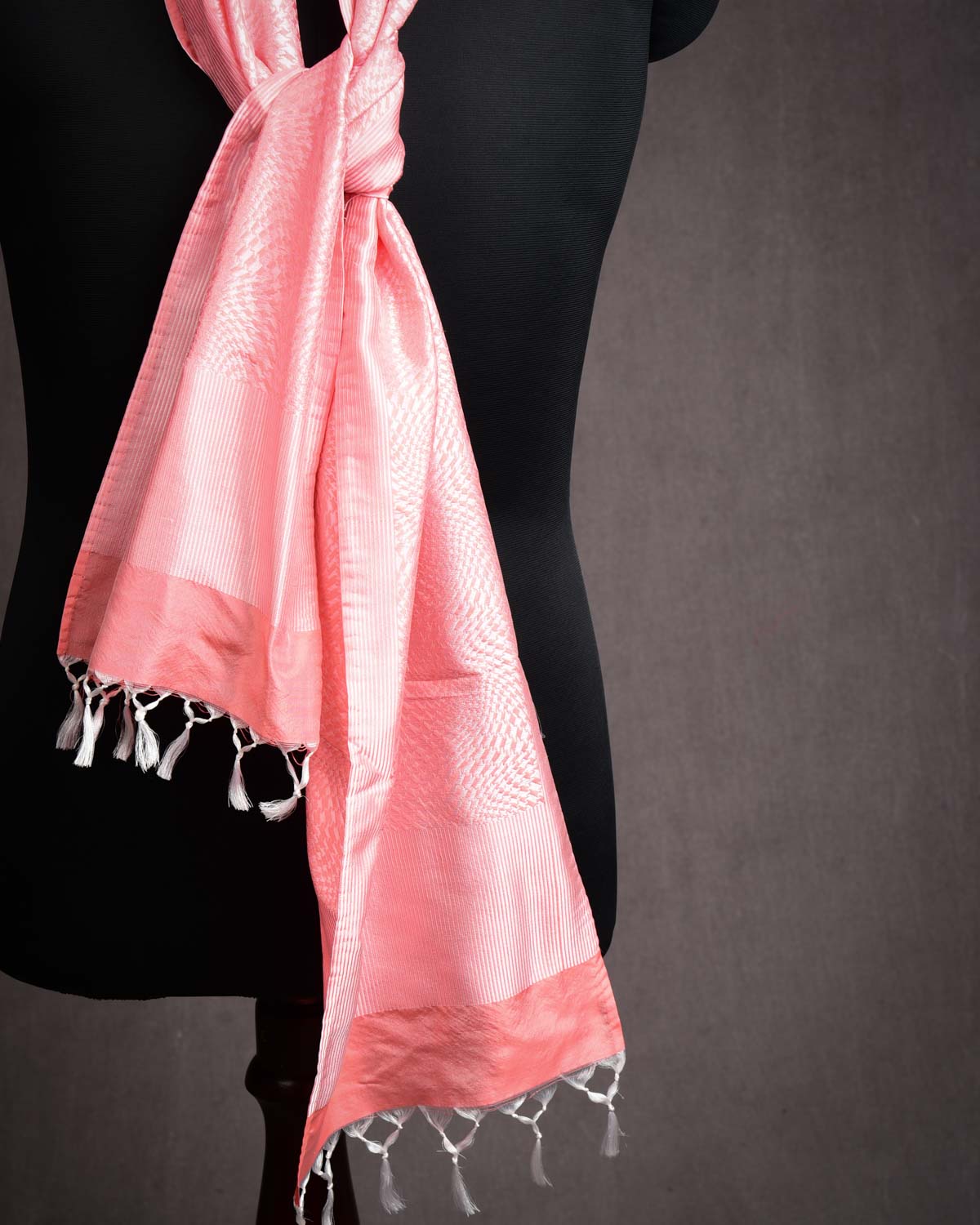 Peach Banarasi Houndstooth Illusion Handwoven Unisex Silk Scarf 72"x11"-HolyWeaves