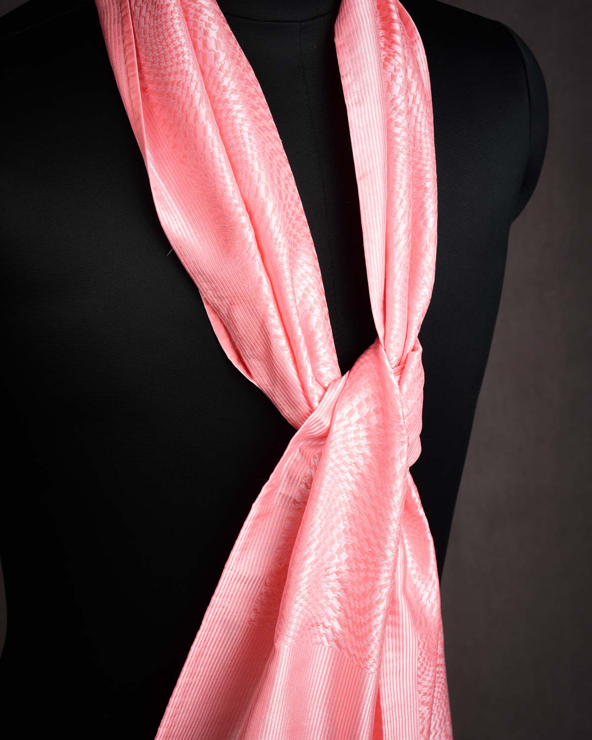 Peach Banarasi Houndstooth Illusion Handwoven Unisex Silk Scarf 72"x11"-HolyWeaves