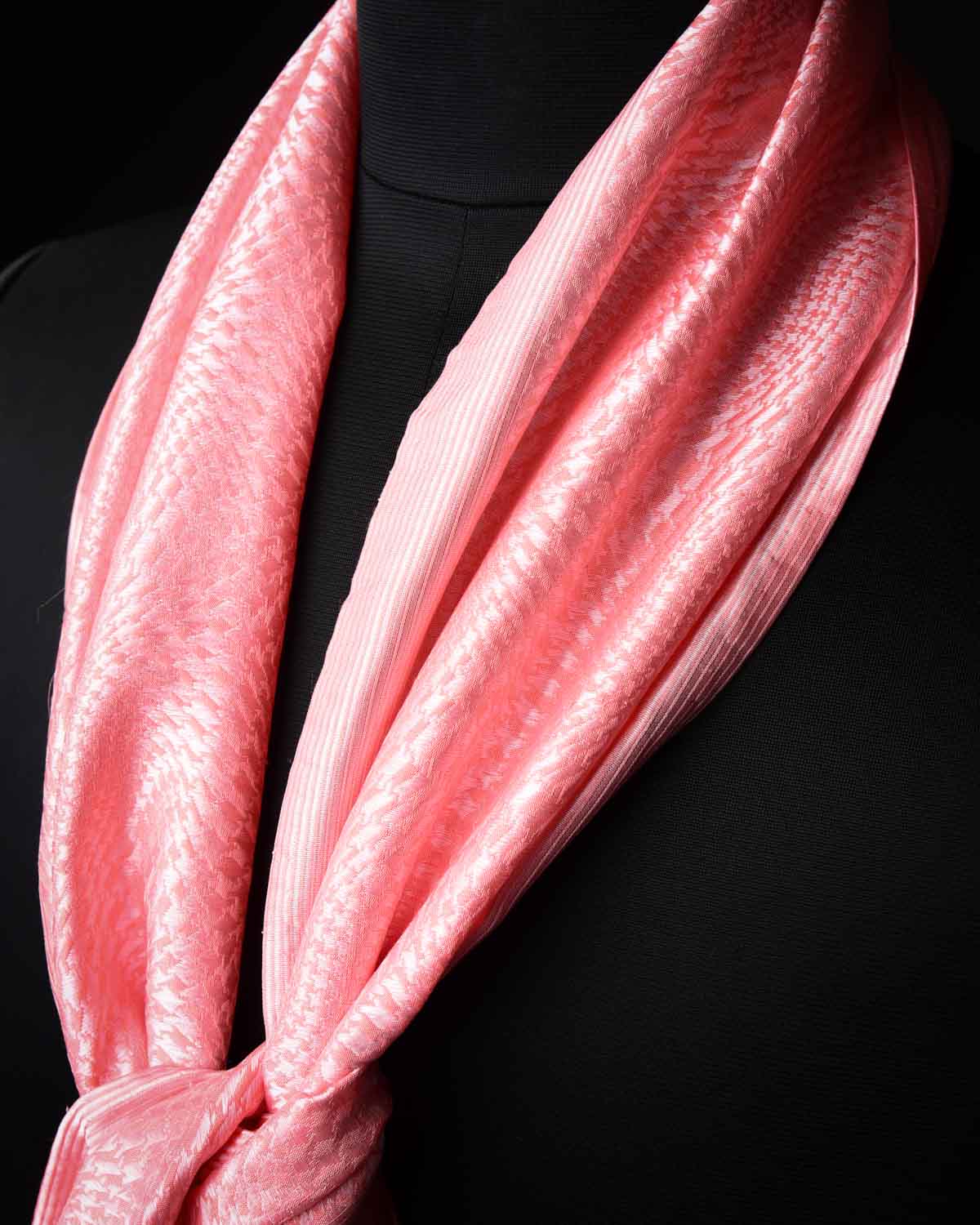 Peach Banarasi Houndstooth Illusion Handwoven Unisex Silk Scarf 72"x11"-HolyWeaves