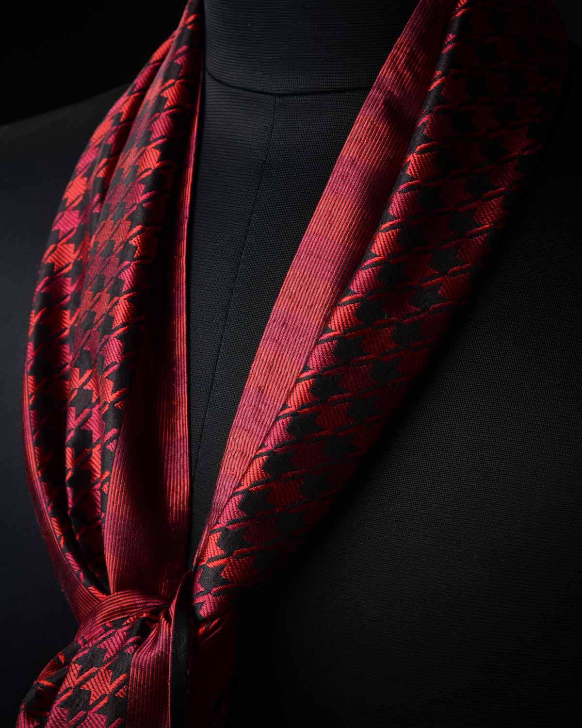 Maroon Banarasi Houndstooth Red & Marron Tanchoi Brocade Handwoven Unisex Silk Scarf 72"x11"-HolyWeaves
