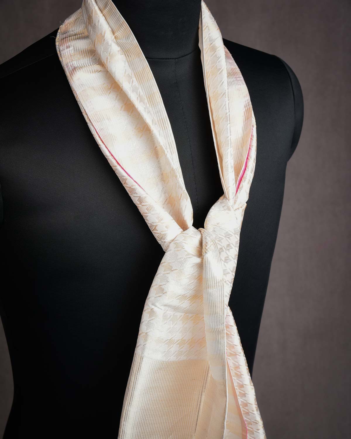 White Banarasi Gold & Silver Zari Houndstooth Brocade Handwoven Silk Wool Scarf 72"x11"-HolyWeaves
