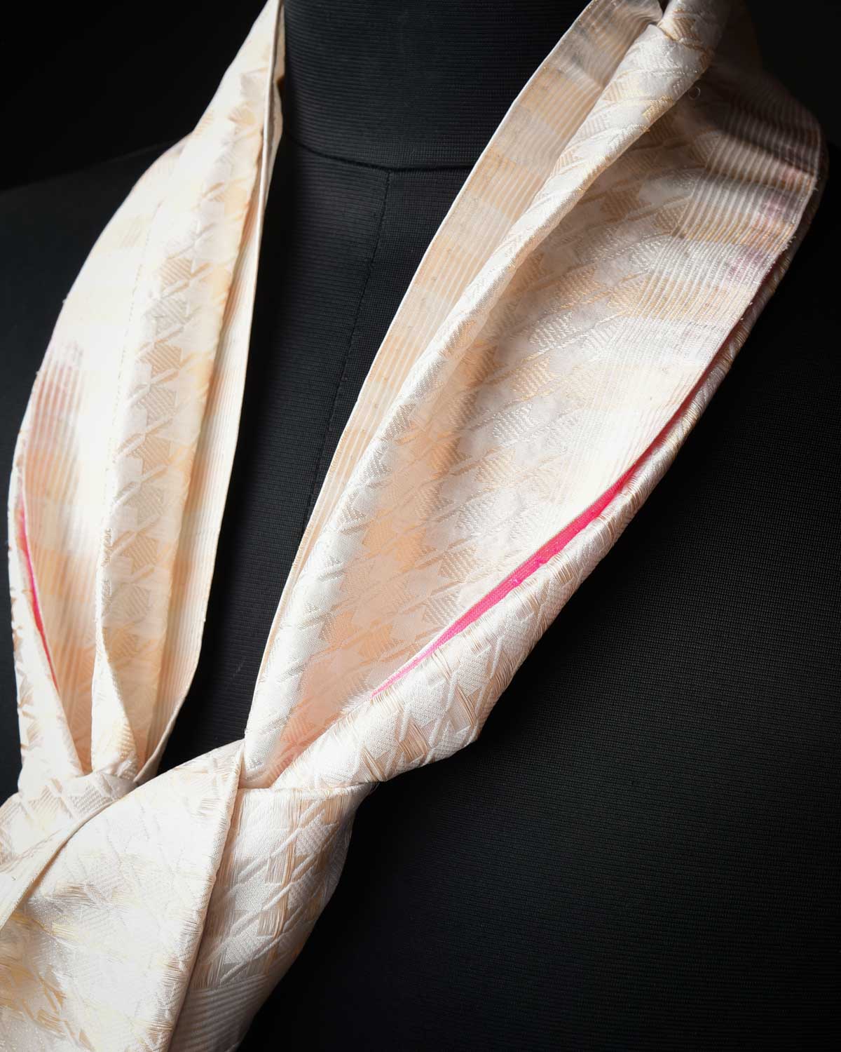 White Banarasi Gold & Silver Zari Houndstooth Brocade Handwoven Silk Wool Scarf 72"x11"-HolyWeaves