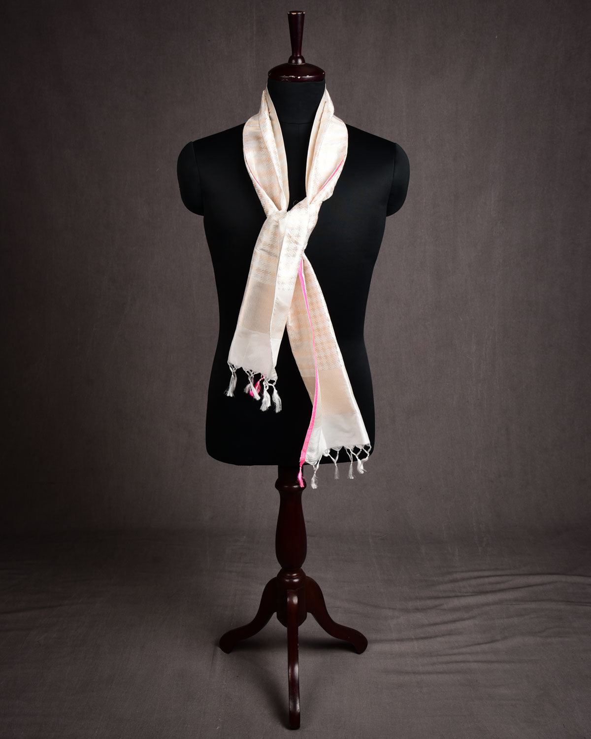 White Banarasi Gold & Silver Zari Houndstooth Brocade Handwoven Silk Wool Scarf 72"x11"-HolyWeaves