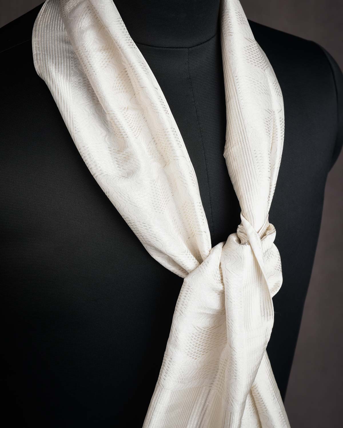 White Banarasi Oceanic Pisces Silver Zari Brocade Handwoven Unisex Silk Scarf 80"x10"-HolyWeaves