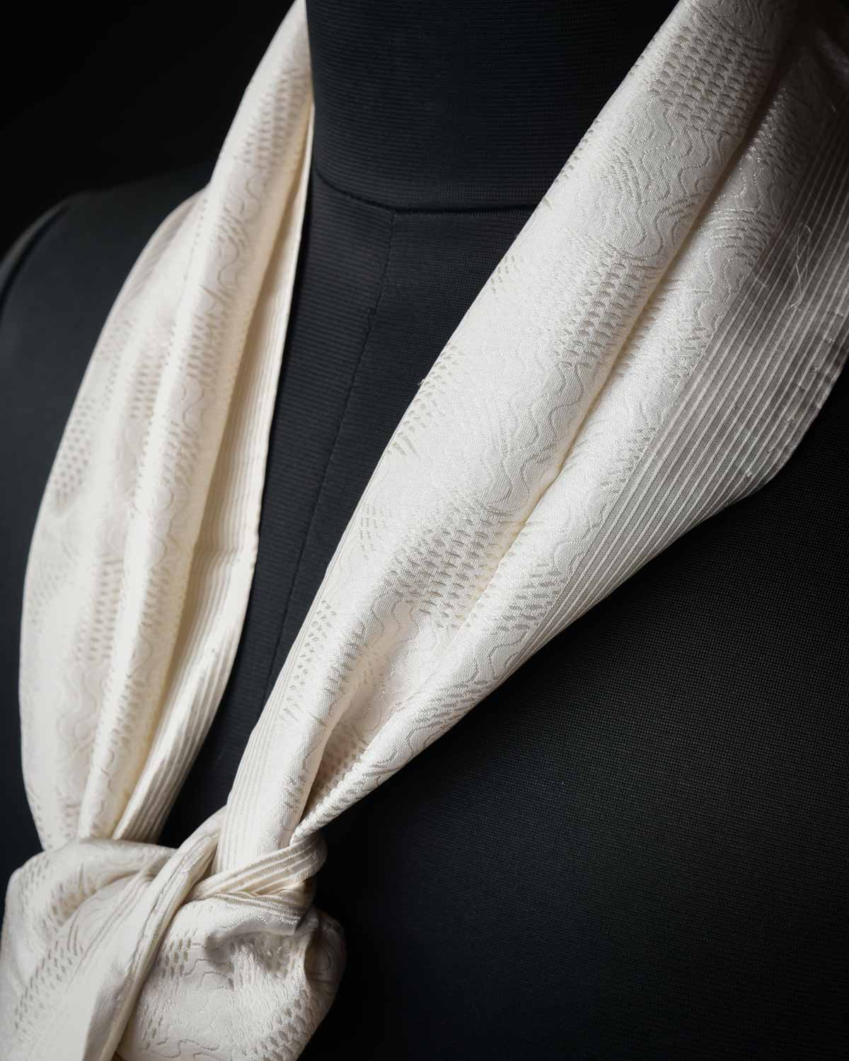 White Banarasi Oceanic Pisces Silver Zari Brocade Handwoven Unisex Silk Scarf 80"x10"-HolyWeaves