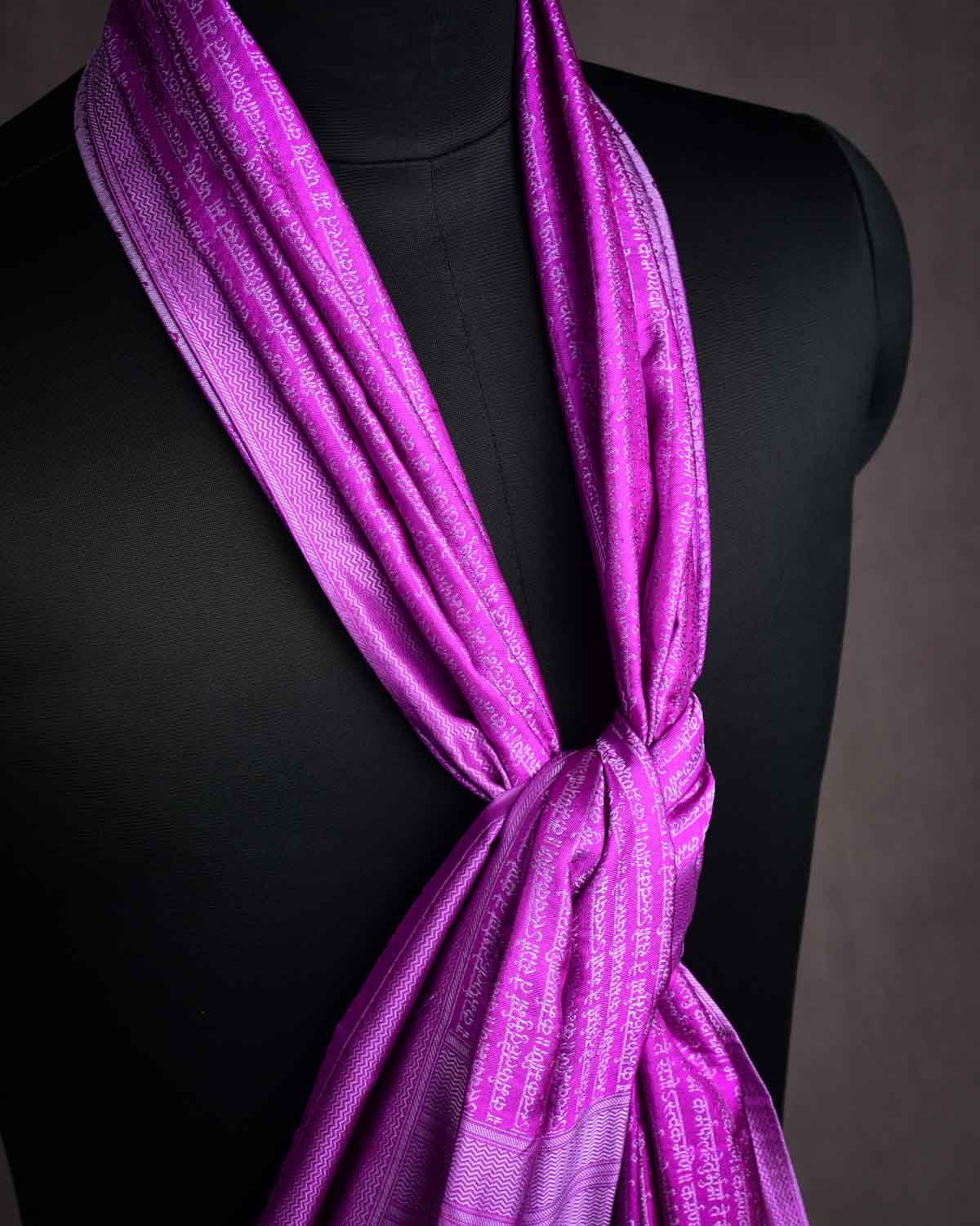 Gray On Magenta Banarasi Geeta Shlok Brocade Handwoven Silk Scarf 72"x21"