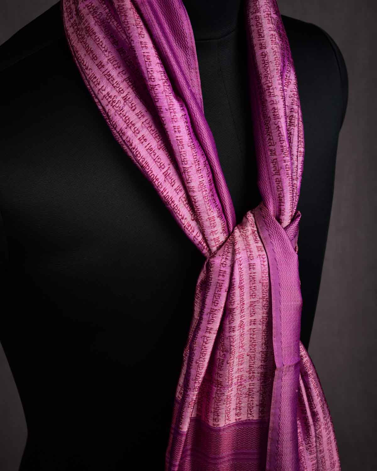 Purple On Lavender Banarasi Geeta Shlok Brocade Handwoven Silk Scarf 72"x21"